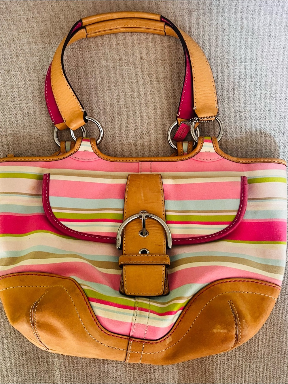 Vintage Coach Soho Twill Stripe with tan leather accents - Picture 4 of 8